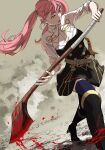  1girl axe belt belt_buckle blood blood_on_weapon boots breasts buckle fire_emblem fire_emblem:_three_houses garreg_mach_monastery_uniform high_heel_boots high_heels highres hilda_valentine_goneril holding holding_axe large_breasts long_hair open_mouth pink_eyes pink_hair sheath sheathed shishima_eichi solo sword thighhighs tongue twintails weapon zettai_ryouiki 