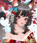  1girl animal_ear_fluff animal_ears animal_on_shoulder bangs bare_shoulders black_hair branch commentary english_commentary eyelashes flat_chest flower fox fox_ears fox_girl fox_tail hair_ornament highres japanese_clothes kanzashi kimono long_hair looking_at_viewer off_shoulder original red_flower red_lips sidelocks slit_pupils spirit tail transparent upper_body wonbin_lee 