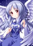  1girl angel angel_wings blue_dress blue_hair blush breasts collared_shirt commentary dress eyebrows eyelashes highres light_blue_hair long_hair long_sleeves multiple_wings one-hour_drawing_challenge pointing red_eyes ruu_(tksymkw) sariel_(touhou) shirt small_breasts smile touhou touhou_(pc-98) upper_body very_long_hair wand white_shirt wide_sleeves wings 