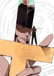  2boys commentary_request dagger dracule_mihawk facial_hair hat holding holding_dagger holding_sword holding_weapon knife male_focus mouth_hold multiple_boys nottama one_piece pov reflection roronoa_zoro sword triple_wielding weapon yellow_eyes 