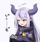  1girl :d ascot bangs black_dress blush collar commentary_request demon_horns dress eyebrows_visible_through_hair fangs hair_between_eyes holding hololive horns kumagapaniti la+_darknesss long_sleeves looking_away metal_collar multicolored_hair pointy_ears purple_hair silver_hair sleeves_past_wrists smile solo streaked_hair translated upper_body virtual_youtuber wide_sleeves yellow_ascot yellow_eyes 