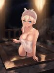  1girl bangs bathing blonde_hair blue_eyes boku_wa_tomodachi_ga_sukunai breasts cait_aron cleavage closed_mouth collarbone commentary_request fence highres kashiwazaki_sena large_breasts long_hair looking_at_viewer naked_towel night nude outdoors smile solo standing star_(sky) steam towel towel_on_head wading water wooden_fence 