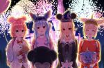  4girls :d aerial_fireworks alien_(toy_story) animal_ears balloon bangs bell black_jacket blonde_hair blue_choker blue_eyes blue_hair bow bowtie brown_choker brown_dress cardigan character_hat choker closed_eyes collared_shirt commentary_request disney doll_hug dress dumbo dumbo_(character) fake_animal_ears fantasia fireworks green_eyes hair_between_eyes hair_bun hat highres holding holding_balloon hololive hoshimachi_suisei jacket jingle_bell lilo_&amp;_stitch long_sleeves looking_at_viewer marie_(the_aristocats) mickey_mouse mickey_mouse_ears mouse_ears multicolored_hair multiple_girls neck_bell object_hug omaru_polka pink_hair pink_shirt pooh red_bow red_bowtie red_eyes red_hair red_shirt sakura_miko shiranui_flare shirt smile star_(symbol) star_in_eye stitch_(lilo_&amp;_stitch) streaked_hair striped striped_dress stuffed_animal stuffed_cat stuffed_elephant stuffed_toy symbol_in_eye teddy_bear the_aristocats the_sorcerer&#039;s_apprentice toy_story vertical-striped_dress vertical_stripes virtual_youtuber white_cardigan white_hair winnie_the_pooh wizard_hat yuu201023 