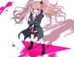  1girl bangs bear_hair_ornament black_footwear black_necktie blonde_hair blood blue_eyes boots borrowed_garments bow breasts cleavage closed_mouth collarbone collared_shirt crossed_arms danganronpa:_trigger_happy_havoc danganronpa_(series) danganronpa_2:_goodbye_despair enoshima_junko eyebrows_visible_through_hair green_jacket hair_ornament highres jacket knee_boots komaeda_nagito large_breasts long_hair long_sleeves looking_at_viewer miniskirt nail_polish necktie pink_blood plaid plaid_skirt red_bow red_nails red_skirt shenmu_(nyx_0) shirt skirt smile solo standing swept_bangs tsurime twintails white_necktie 