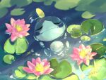  afloat closed_eyes closed_mouth commentary day flower lily_pad no_humans outdoors pink_flower pokemon pokemon_(creature) rendoll signature smile sobble solo water 