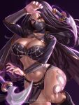  1girl breasts capelet cleavage collarbone commission covering_mouth cowboy_shot curled_fingers dagger enmanuelart20 floating_cape forehead glowing glowing_weapon gold_trim hand_up heterochromia highres knife large_breasts long_hair long_sleeves mask midriff mouth_mask navel original patreon_username purple_eyes red_eyes see-through see-through_skirt shrug_(clothing) skirt slit_pupils solo standing standing_on_one_leg tattoo_on_hips telekinesis thick_thighs thighs weapon wide_hips 