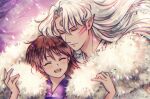  1boy 1girl 2021 :d bangs brown_hair closed_eyes couple dated elena_ivlyushkina eyebrows_visible_through_hair facing_viewer floating_hair hair_between_eyes hetero inuyasha long_hair pointy_ears rin_(inuyasha) sesshoumaru silver_hair smile twitter_username upper_body 