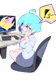  ! 1girl :o absurdres aetherion ahoge aqua_eyes aqua_hair blush blush_stickers breasts chair cleavage computer cropped_legs desk english_commentary grey_skirt highres keyboard_(computer) medium_breasts miniskirt monitor mouse_(computer) multicolored_eyes office_chair office_lady original pencil_skirt phone pink_eyes shirt simple_background sitting skirt solo space_girl_(aetherion) spoken_exclamation_mark talking_on_phone white_background white_shirt 