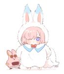  2girls :3 alternate_costume animal_costume animal_ears azu_(kirara310) baggy_clothes baggy_pants blush_stickers chibi closed_mouth commentary cosplay fake_animal_ears fake_tail fate/grand_order fate_(series) fou_(fate) fou_(fate)_(cosplay) full_body habetrot_(fate) hair_over_one_eye highres light_purple_hair looking_at_viewer mash_kyrielight multiple_girls one_eye_covered pants purple_eyes short_hair signature simple_background size_difference tail white_background 
