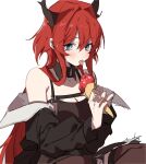  1girl arknights armpit_crease bangs bare_shoulders black_dress blue_eyes blush demon_girl demon_horns detached_collar dress eyebrows_visible_through_hair food highres holding holding_food horns ice_cream jacket long_hair na_tarapisu153 off_shoulder red_hair simple_background sleeveless sleeveless_dress solo surtr_(arknights) thighhighs tongue tongue_out white_background 