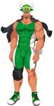  1boy :d ^_^ animal_ears arms_at_sides bara bare_shoulders black_hair blush bodysuit closed_eyes closed_mouth covered_abs covered_navel cow_ears cow_horns crow_(siranui) dark-skinned_male dark_skin facial_hair fake_animal_ears fake_horns full_body goatee green_bodysuit green_footwear highres horns jacket jacket_on_shoulders large_pectorals looking_away looking_to_the_side male_focus mature_male multicolored_hair muscular muscular_male nose_blush pectoral_cleavage pectorals shoes short_hair sideburns sidepec sideways_glance simple_background smile sneakers solo standing tachi-e taurus_mask tokyo_afterschool_summoners two-tone_hair white_background white_footwear wrestling_mask wrestling_outfit 