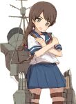  1girl alchera blue_sailor_collar blue_skirt braid brown_eyes brown_hair brown_neckerchief cowboy_shot crossed_arms kantai_collection long_hair looking_at_viewer machinery neckerchief pleated_skirt sailor_collar school_uniform serafuku simple_background single_braid skirt smokestack solo standing torpedo_launcher uranami_(kancolle) white_background 