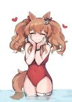  1girl angelina_(arknights) angelina_(summer_flowers)_(arknights) animal_ears arknights bangs bare_shoulders blush brown_hair casual_one-piece_swimsuit closed_eyes closed_mouth covered_navel fox_ears fox_girl fox_tail hands_on_own_cheeks hands_on_own_face heart highres infection_monitor_(arknights) long_hair one-piece_swimsuit oripathy_lesion_(arknights) purerin smile solo swimsuit tail twintails wading 
