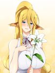  1girl :d animal_ears bangs bare_shoulders blonde_hair blue_eyes blush breasts centorea_shianus collared_shirt commentary english_commentary eyebrows_visible_through_hair flower hair_between_eyes hand_on_own_chest holding holding_flower horse_ears large_breasts lindaroze long_hair looking_at_viewer monster_girl monster_musume_no_iru_nichijou neck_ribbon open_mouth patreon_username pointy_ears ponytail red_ribbon ribbon shirt sidelocks simple_background smile solo twitter_username upper_body very_long_hair web_address white_shirt yellow_background 