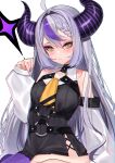  1girl :&lt; ahoge ascot bangs bare_shoulders black_dress blush braid commentary demon_horns detached_sleeves dress hair_between_eyes halter_dress halterneck highres hololive horns la+_darknesss lamium_(artist) long_hair long_sleeves looking_at_viewer multicolored_hair o-ring purple_hair purple_legwear silver_hair simple_background single_leg_pantyhose sleeveless sleeveless_dress sleeves_past_wrists solo streaked_hair very_long_hair virtual_youtuber white_background yellow_ascot yellow_eyes 