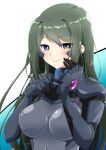  1girl bangs black_gloves blue_eyes blush bright_pupils covered_navel eyebrows_visible_through_hair fortified_suit gloves gradient gradient_background green_hair hair_behind_ear highres kamon_rider kazama_touko looking_at_viewer muvluv muvluv_alternative pilot_suit portrait smile solo white_pupils 