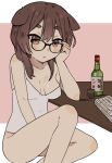  1girl absurdres animal_ears blush bottle breasts brown_hair camisole cleavage collarbone cup dog_ears dog_girl drinking_glass glasses highres inukai_purin keyboard_(computer) looking_at_viewer lucabassiart medium_breasts medium_hair off_shoulder shot_glass sitting soju solo tsunderia virtual_youtuber white_camisole 