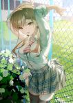 1girl absurdres almic bangs barbed_wire blush bow bowtie breasts brown_eyes brown_hair brown_legwear collared_shirt eyebrows_visible_through_hair flower grass hair_ornament highres jinguuji_rumi koi_wa_futago_de_warikirenai large_breasts lock long_hair long_sleeves looking_at_viewer mole mole_under_eye necktie official_art open_mouth orange_bow orange_bowtie outdoors plaid plaid_skirt pleated_skirt school_uniform shirt sidelocks skirt sleeves_folded_up smile socks solo standing sunlight thighhighs tree twintails two-tone_bowtie uniform white_bow white_bowtie white_shirt 