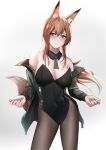  1girl animal_ear_fluff animal_ears arknights bangs bare_shoulders black_legwear black_leotard black_necktie blush breasts brown_eyes brown_hair closed_mouth commentary commentary_request contrapposto covered_navel cowboy_shot detached_collar english_commentary eyebrows_visible_through_hair fox_ears fox_tail franka_(arknights) green_jacket highres jacket krirk leotard long_hair long_sleeves looking_at_viewer medium_breasts necktie off_shoulder pantyhose simple_background solo standing strapless strapless_leotard tail white_background 