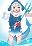  1girl absurdres animal_costume animal_hood bloop_(gawr_gura) fish_tail gawr_gura highres hololive hololive_english hood looking_at_viewer md5_mismatch mythbreakers_(hololive_english) rim_myy shark_costume shark_girl shark_hood shark_tail smile tail virtual_youtuber 