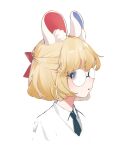  1girl animal_crossing animal_ear_fluff animal_ears arin_(fanfan013) bangs black_eyes black_necktie blonde_hair blush bow coat collared_shirt commentary hair_bow highres labcoat looking_at_viewer mouse_ears mouse_girl necktie personification petri_(animal_crossing) red_bow shirt short_hair sidelocks solo symbol-only_commentary upper_body white_coat white_shirt 