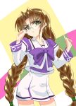  1girl :o bangs bow braid brown_hair eyebrows_visible_through_hair glasses green_eyes hakuryou_high_school_uniform head_tilt highres juliet_sleeves kamon_rider long_hair long_sleeves muvluv parted_bangs parted_lips pointing pointing_up puffy_sleeves purple_bow round_eyewear sakaki_chizuru school_uniform skirt solo twin_braids v-shaped_eyebrows very_long_hair white_skirt 