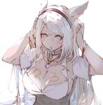  1girl animal_ears arms_up avatar_(ffxiv) bangle bangs black_hairband bracelet breasts cat_ears cat_girl cat_tail cleavage closed_mouth collarbone commentary_request eyebrows_visible_through_hair final_fantasy final_fantasy_xiv grey_eyes hair_tie hair_tie_in_mouth hairband jewelry long_hair looking_at_viewer medium_breasts miqo&#039;te mouth_hold pendant shirt short_sleeves simple_background solo swept_bangs tail tota_(sizukurubiks) upper_body very_long_hair white_background white_hair white_shirt 
