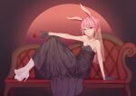  1girl absurdres animal_ears bare_shoulders black_dress black_gloves bridal_veil closed_mouth couch dress flower formal fox_ears full_body gloves high_heels highres holding holding_flower honkai_(series) honkai_impact_3rd jiaming_liu legs lipstick makeup pantyhose pink_hair purple_eyes red_flower red_rose rose sitting sleeveless sleeveless_dress strapless strapless_dress veil wedding_dress white_footwear white_legwear yae_sakura 