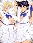  2boys armpits arms_behind_head arms_up battle_tendency black_hair blonde_hair blue_bow blue_eyes blue_ribbon bow caesar_anthonio_zeppeli cleavage_cutout clothing_cutout cosplay dress dungeon_ni_deai_wo_motomeru_no_wa_machigatteiru_darou_ka facial_mark feathers gloves green_eyes hand_on_own_face hand_up headband hestia_(danmachi) hestia_(danmachi)_(cosplay) jojo_no_kimyou_na_bouken jojo_pose joseph_joestar joseph_joestar_(young) looking_at_viewer male_focus multiple_boys pectoral_cleavage pectorals pose purple_hair purple_ribbon ribbon short_hair sujiko_(125motimoti) white_background white_dress white_gloves 