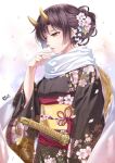  1girl arm_at_side bangs black_hair black_kimono breasts character_request chobipero commentary_request cowboy_shot finger_to_mouth floral_print flower gradient_scarf hair_bun hair_flower hair_ornament hand_up horns japanese_clothes kanzashi katana kimono long_sleeves looking_at_hand looking_away looking_down obi oni_horns parted_lips petals pink_flower pink_shawl profile sash scarf sidelocks solo sword tassel tenka_hyakken updo weapon white_background white_scarf yellow_eyes 