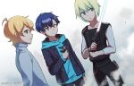  3boys alpha_omega_nova asanaka_yomogi bangs black_pants black_vest blonde_hair blue_hoodie blue_jacket bright_pupils chinese_commentary company_connection crossover dyna_soldier energy_sword eyebrows_visible_through_hair grey_hoodie gridman_universe hair_ornament hairclip holding holding_sword holding_toy holding_weapon hood hoodie jacket karre_(star_wars) lightsaber looking_ahead male_focus multiple_boys open_mouth pants smile ssss.dynazenon star_wars star_wars:_visions sword tenten_(kitty) toy trigger_(company) uchuu_patrol_luluco vest weapon white_pupils 