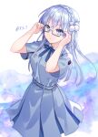  1girl 22/7 blue_background blue_hair braid expressionless glasses hair_ornament long_hair maruyama_akane painting_(medium) pale_skin purple_background school_uniform serious solo standing traditional_media watercolor_(medium) white_background winter_uniform yamigo 