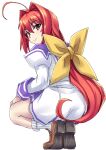  1girl ahoge ass bow brown_footwear eyebrows_visible_through_hair hair_bow hakuryou_high_school_uniform head_tilt highres juliet_sleeves kagami_sumika long_hair long_sleeves looking_at_viewer looking_back minarai muvluv puffy_sleeves red_hair school_uniform smile socks solo squatting very_long_hair yellow_bow 