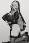  1girl bangs blush breasts covered_nipples cross greyscale habit highres houtengeki huge_breasts juliet_sleeves kneeling long_hair long_sleeves looking_at_viewer monochrome original puffy_sleeves sidelocks simple_background solo thighhighs thighs 