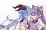  2girls asymmetrical_docking bangs bell blue_hair blush bow bowtie breast_press breasts flower ganyu_(genshin_impact) genshin_impact hair_cones hair_flower hair_ornament highres horns keqing_(genshin_impact) long_hair low_ponytail medium_breasts multiple_girls no_gloves planterak_draws purple_eyes purple_hair sideboob sleeveless twintails 