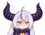  1girl ahoge bangs black_coat blush braid chibi coat collar commentary demon_horns english_commentary eyebrows_visible_through_hair french_braid hair_between_eyes hololive horns kukie-nyan la+_darknesss long_hair looking_at_viewer metal_collar multicolored_hair pointy_ears purple_hair silver_hair single_braid solo streaked_hair striped_horns tears transparent_background two-tone_hair virtual_youtuber yellow_eyes 