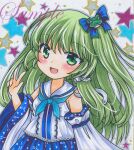  1girl :d alternate_costume bangs blue_bow blue_neckerchief blue_skirt blush bow cowboy_shot detached_sleeves dot_nose eyebrows_visible_through_hair frilled_hair_tubes frills frog_hair_ornament green_eyes green_hair hair_bow hair_ornament hair_tubes hand_up kochiya_sanae lace-trimmed_shirt lace_trim long_hair looking_at_viewer marker_(medium) neckerchief outline rui_(sugar3) sailor_collar sample shirt side_ponytail sidelocks skirt sleeveless sleeveless_shirt smile snake_hair_ornament solo standing star_(symbol) starry_background touhou traditional_media v white_background white_sleeves 