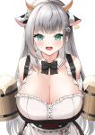  1girl :d absurdres animal_ears apron bangs black_bow black_bowtie blush bow bowtie breasts commentary_request corset cow_ears cow_girl cow_horns cup detached_collar extra_ears eyebrows_visible_through_hair frilled_shirt frills green_eyes highres holding holding_cup hololive horns large_breasts long_hair looking_at_viewer neko_lu_(wofud453) open_mouth shirogane_noel shirt silver_hair simple_background smile solo suspenders upper_body very_long_hair virtual_youtuber white_apron white_background white_shirt 