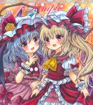  2girls :d ascot bat_wings black_wings blonde_hair brooch commentary_request crystal eyebrows_visible_through_hair fang flandre_scarlet flower frilled_ascot frilled_hat frilled_ribbon frilled_shirt frilled_shirt_collar frilled_skirt frills green_brooch hair_ribbon hat hat_ribbon head_tilt heads_together jewelry long_hair looking_at_viewer marker_(medium) medium_hair mob_cap multiple_girls open_mouth orange_background pink_shirt pink_skirt puffy_short_sleeves puffy_sleeves purple_ribbon red_ascot red_eyes red_ribbon red_skirt red_vest remilia_scarlet ribbon ribbon-trimmed_skirt ribbon_trim rose rui_(sugar3) sample shirt short_sleeves siblings side_ponytail silver_hair sisters skin_fang skirt skirt_set smile touhou traditional_media vest white_headwear white_shirt wings wrist_cuffs yellow_ascot yellow_brooch yellow_flower yellow_rose 