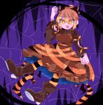  1girl :d arthropod_legs bangs blonde_hair boots bow bright_pupils brown_dress brown_footwear commentary_request dress eyebrows_visible_through_hair full_body hair_bow highres kurodani_yamame long_sleeves looking_at_viewer massakasama_(style) one-hour_drawing_challenge open_mouth purple_background r.h_no.1_fuyumomo short_hair silk smile solo spider_web touhou white_pupils yellow_eyes 