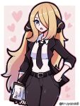  1girl :o black_jacket black_necktie black_pants blonde_hair blue_eyes border breasts collared_shirt commentary cynthia_(pokemon) english_commentary english_text formal hair_ornament hair_over_one_eye hand_on_hip heart heart_background highres holding jacket long_hair necktie pant_suit pants pink_background pokemon pokemon_(game) pokemon_dppt shirt suit thigh_gap touyarokii twitter_username white_border white_shirt 