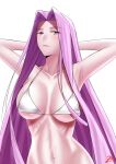  1girl absurdres armpits arms_behind_head arms_up bangs bare_shoulders bikini blush breasts cleavage collarbone commentary fate/stay_night fate_(series) forehead highres large_breasts long_hair looking_at_viewer medusa_(fate) medusa_(rider)_(fate) navel parted_bangs purple_eyes purple_hair sidelocks solo swimsuit very_long_hair white_bikini zin_(pixiv30275228) 