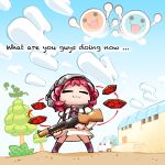  2girls :3 =_= building chibi cloud english_text ground_vehicle gun helmet horikawa_raiko kashuu_(b-q) konpaku_youmu konpaku_youmu_(ghost) molcar motor_vehicle multiple_girls outdoors pink_hair pui_pui_molcar short_hair shotgun silhouette sword taiko_no_tatsujin touhou tree truck wada_don wada_katsu weapon 