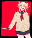  1girl boku_no_hero_academia cardigan double_bun fangs highres knife_in_head okumari open_mouth sailor_collar school_uniform solo toga_himiko 