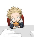  1boy blonde_hair blue_hoodie boku_no_hero_academia child closed_mouth desk doll endeavor_(boku_no_hero_academia) expressionless hanage_(hanage149) hawks_(boku_no_hero_academia) hood hoodie looking_at_viewer male_focus paper red_wings short_hair simple_background solo spiked_hair sweatshirt upper_body white_background wings yellow_eyes younger 