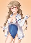  1girl alternate_breast_size alternate_costume anti_(untea9) blue_swimsuit blush braid breasts brown_background cleavage cloud_hair_ornament collarbone covered_navel cowboy_shot gradient gradient_background gradient_hair high_school_fleet highres jacket kantai_collection large_breasts light_brown_hair long_hair long_sleeves looking_at_viewer low_twin_braids minegumo_(kancolle) multicolored_hair one-piece_swimsuit red_eyes school_swimsuit solo swimsuit twin_braids white_jacket white_swimsuit 