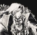  1boy akiyoku alucard_(castlevania) black_background castlevania castlevania:_symphony_of_the_night chain closed_mouth commentary english_commentary flower greyscale hatching_(texture) highres long_hair male_focus monochrome painterly simple_background solo upper_body 