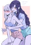  2girls blush breasts cleavage commentary_request dated eyebrows_visible_through_hair eyes_visible_through_hair highres hug hug_from_behind long_hair medium_breasts multiple_girls nijisanji shirayuki_tomoe shirt shorts sukoya_kana t-shirt tank_top thighs virtual_youtuber yuri yuri_kyanon 