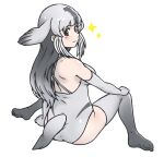  1girl acesrulez bearded_seal_(kemono_friends) blush brown_eyes commentary_request elbow_gloves eyebrows_visible_through_hair gloves grey_gloves grey_hair grey_legwear grey_swimsuit kemono_friends long_hair looking_at_viewer looking_back multicolored_hair one-piece_swimsuit silver_hair sitting solo sparkle swimsuit tail thighhighs wariza zettai_ryouiki 