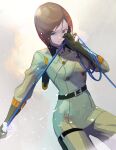  1girl belt bob_cut breasts brown_eyes brown_hair cowboy_shot elbow_gloves ffffcoffee gloves holding holding_whip medium_breasts military military_uniform revision short_hair simple_background solo the_king_of_fighters uniform whip whip_(kof) white_background 